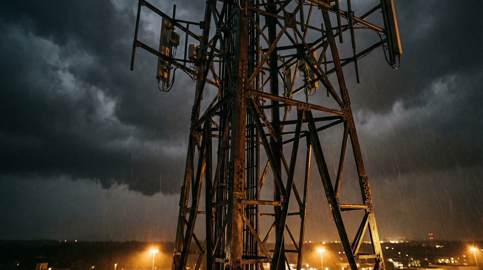 Rain-soaked signal tower under a storm sky, amber light, dark editorial